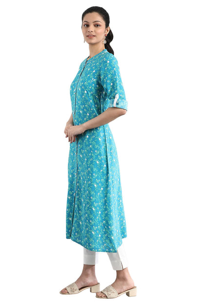 Aurelia Women's Viscose Regular Fit Casual Ethnic Floral Print Regular Kurta in Band Collar