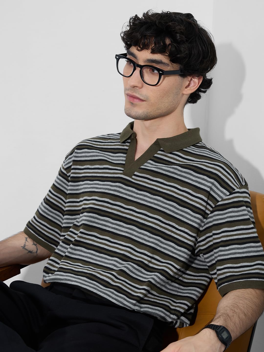 The Souled Store Textured T-Shirt: Olive Timber Men and Boys Short Sleeves Polo Collar Olive Striped Cotton Oversized T-Shirts