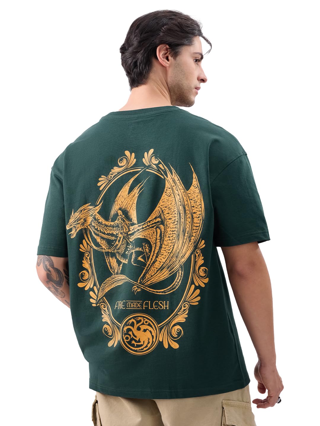 The Souled Store Official House of Dragon: Fire Made Flesh Men and Boys Short Sleeves Round Neck Green Graphic Printed Cotton Ov