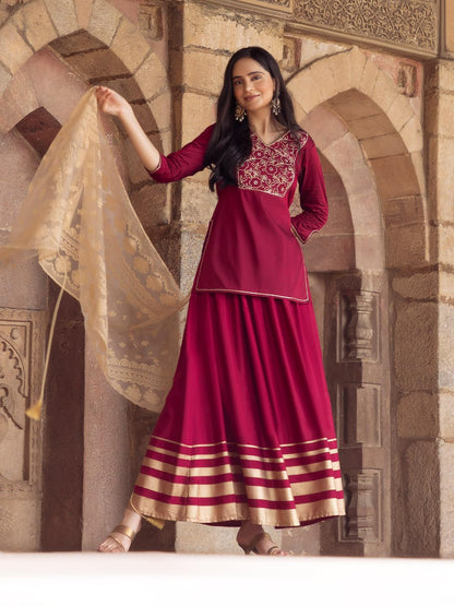 Aurelia Embroidered Maroon Blend Dori Kurta Dupatta Bottomwear