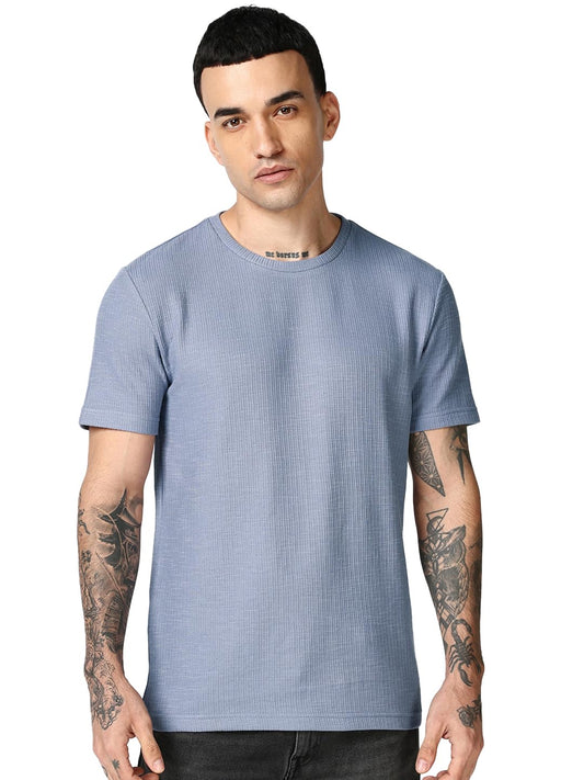 Bewakoof MenS Textured Regular Fit Half Sleeve Round Neck Polycotton T-Shirt_687628_Blue_S