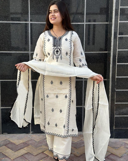 GoSriKi Ladies Straight Kurta with Trousers & Dupatta, Rayon Blend, Size 50, White, Model DEVANAGRI WHITE-GS