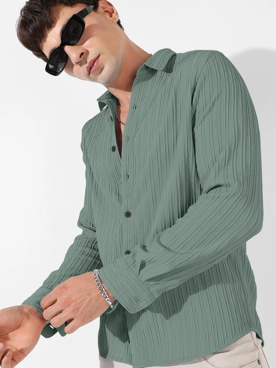 Finivo Fashion MenS Cotton Casual Striped Button Down Shirts Long Sleeve Textured Summer Beach Shirt For Men Green