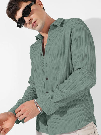 Finivo Fashion MenS Cotton Casual Striped Button Down Shirts Long Sleeve Textured Summer Beach Shirt For Men Green