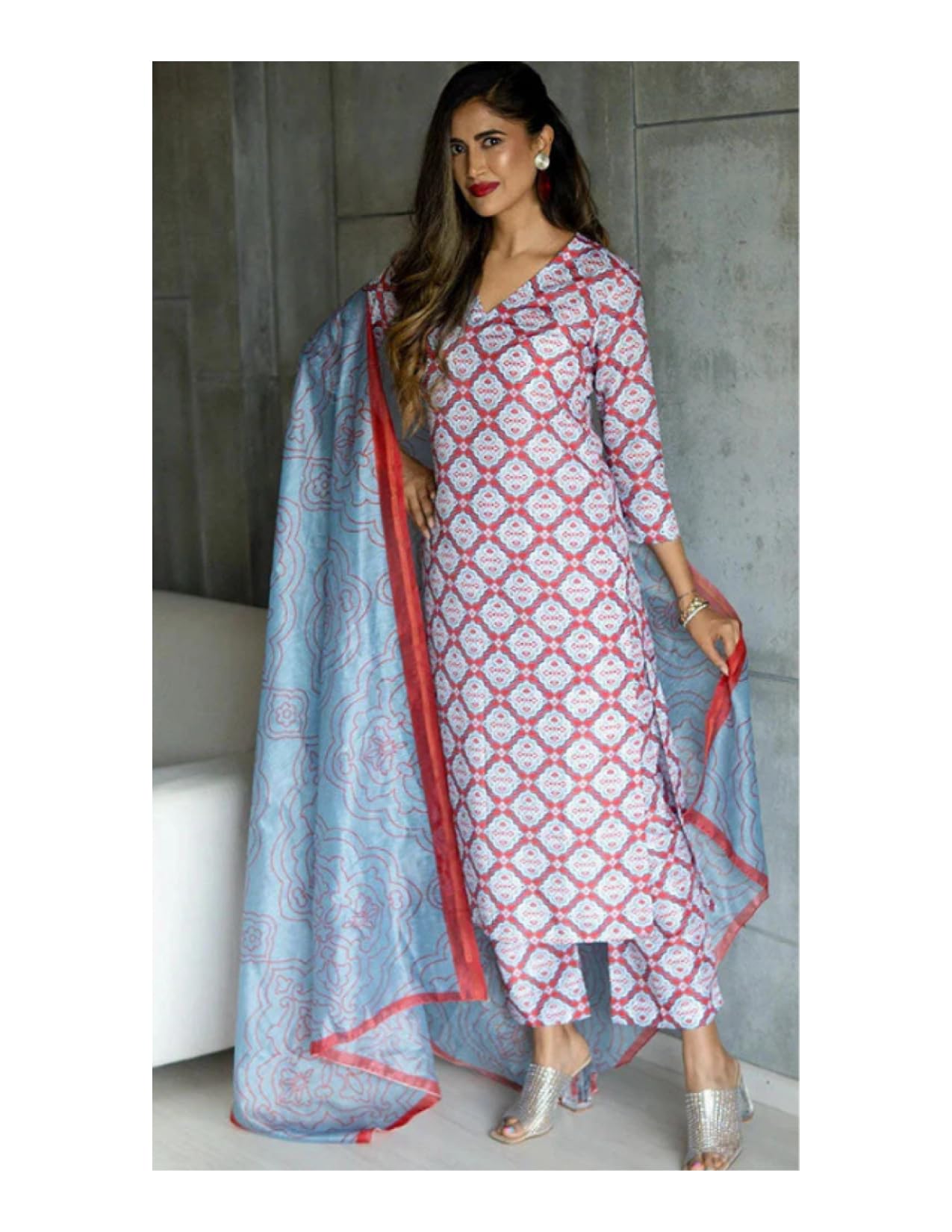 Yashika Women's Latest Printed Cotton Blend Straight Kurta Pant With Dupatta