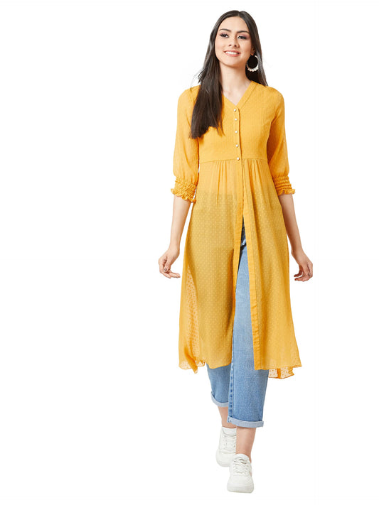 Miss Chase WomenS Mustard Yellow V-Neck 3/4 Sleeves Solid Empire Maxi Top
