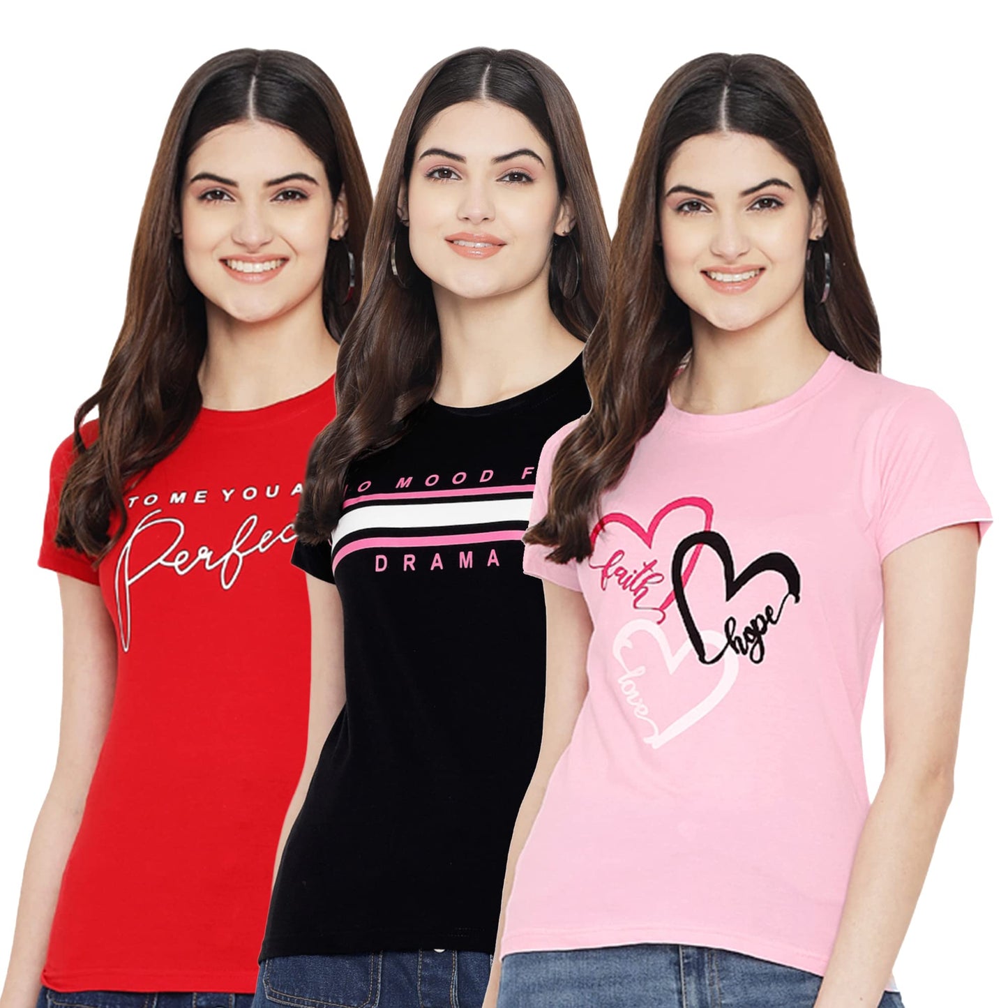 Preneum Womens Cotton Regular Fit Latest Graphic Stylish Printed Short Sleeves Casual T-Shirt || Trends & Stylish (Pack 3), Bab