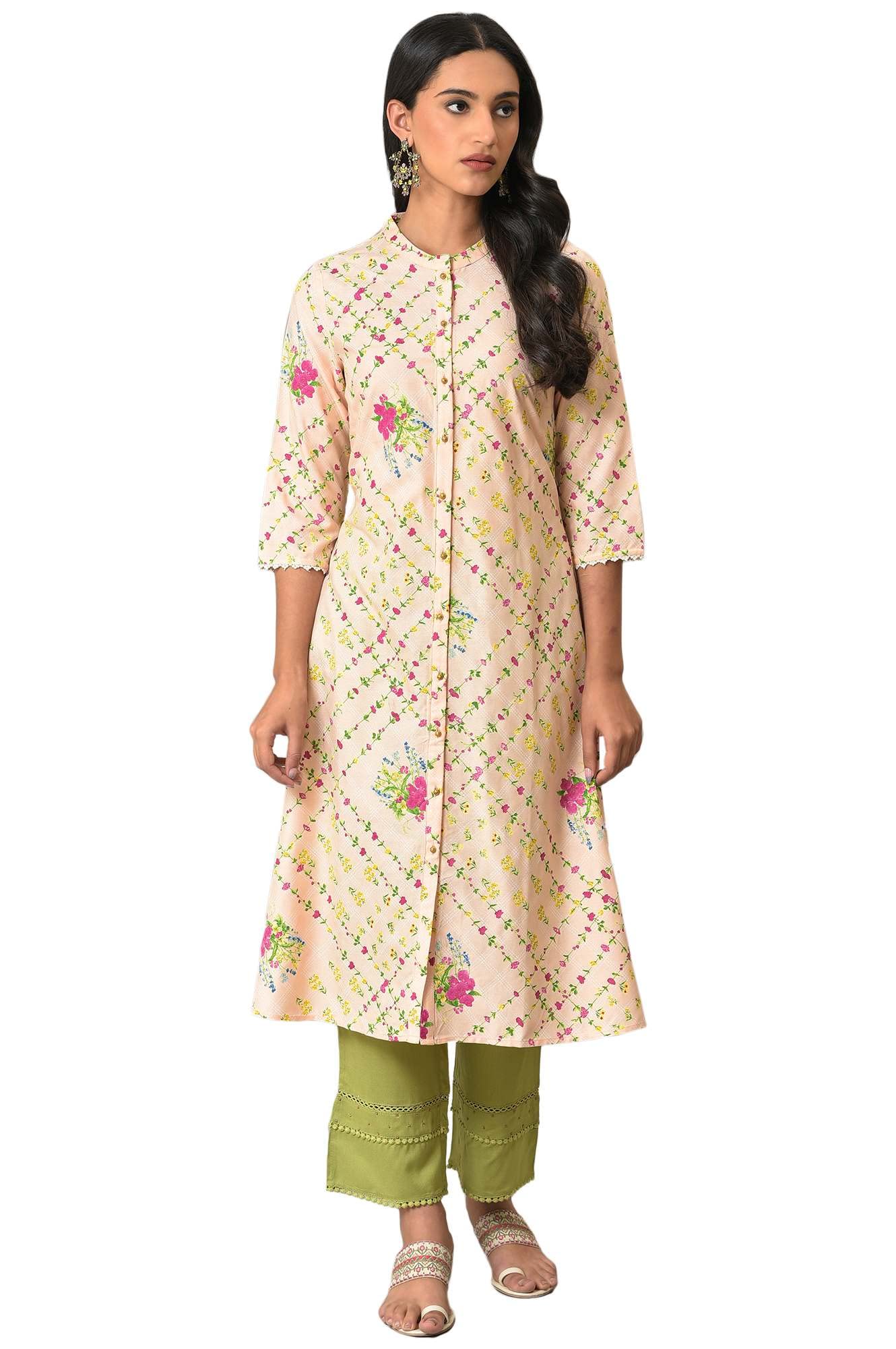 W Light Orange Floral Printed Straight Long Lace Kurta For Women