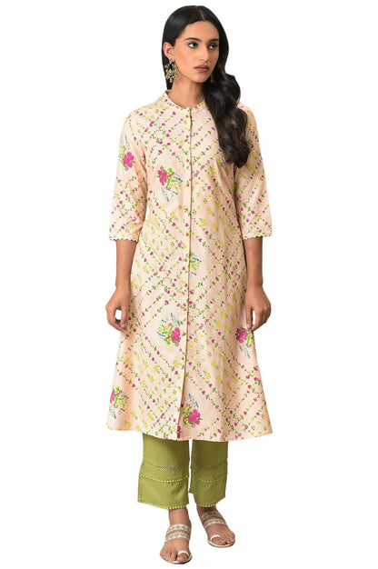 W Light Orange Floral Printed Straight Long Lace Kurta For Women