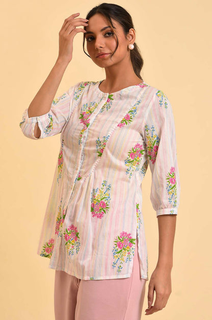 W Ecru Floral Printed Cotton Tunic Top For Women