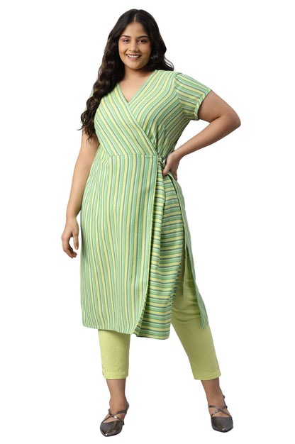 Aurelia Women Cotton Straight Fit Lime Sherbet Stripes Yarn Dyed Straight Kurta