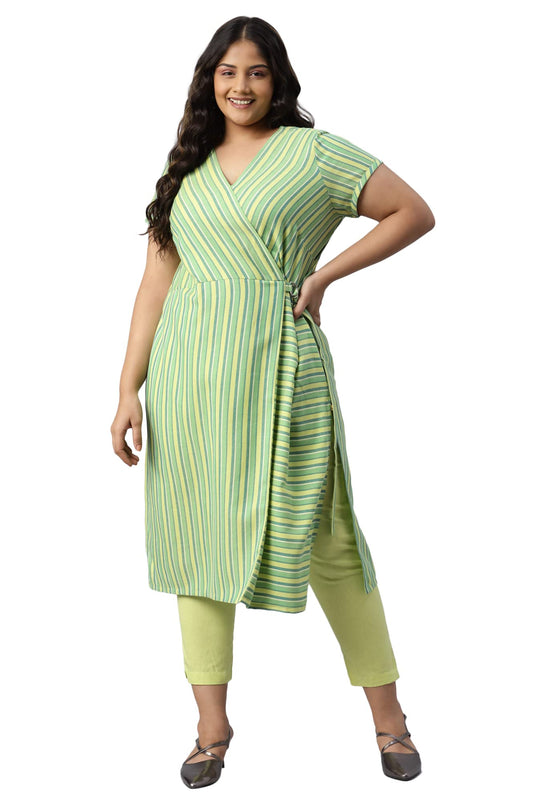 Aurelia Women Cotton Straight Fit Lime Sherbet Stripes Yarn Dyed Straight Kurta