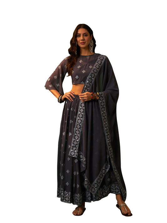 ZIYAA Women Grey Georgette Flare Kurta Skirt And Dupatta Set