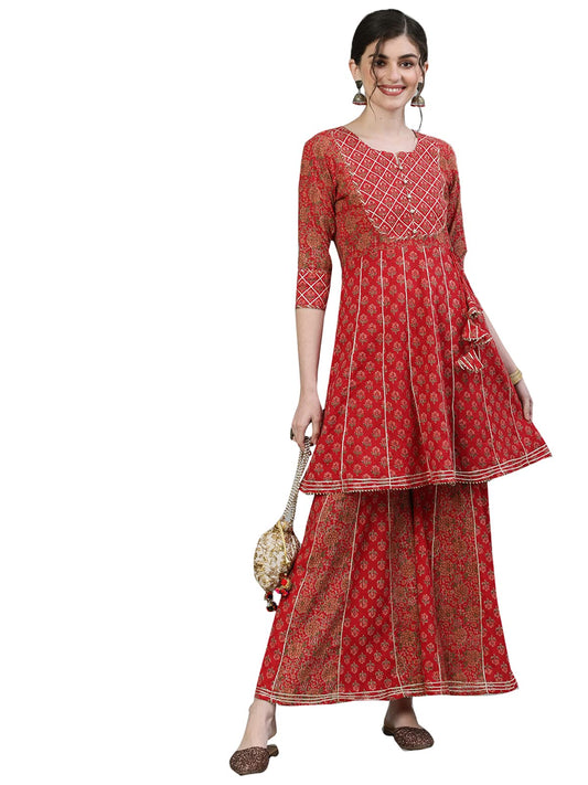 ishin Women's Cotton Red Embellished Peplum Kurta set With Sharara