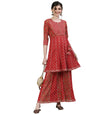 ishin Women's Cotton Red Embellished Peplum Kurta set With Sharara