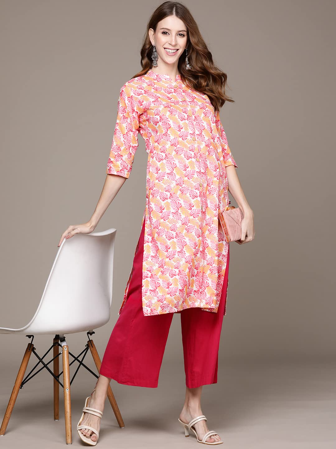 anubhutee Women's Cotton Pink Floral Printed Straight Kurta