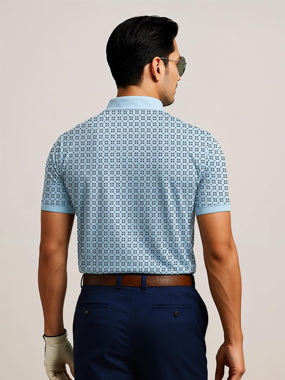 Mens Cotton Printed Polo Tshirt | 220 GSM Interlock Fabric | Slim Fit | Skin-Friendly Ink | Sky Blue Golf-Inspired Pattern T Sh