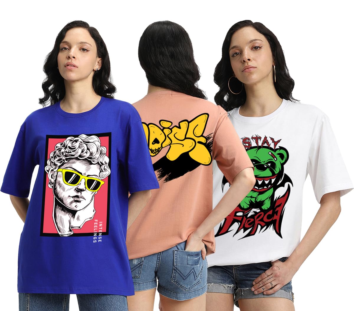 Veirdo Womens Oversized Baggy Fit Drop Shoulder Short Sleeve Round Neck Printed Cotton T-Shirt