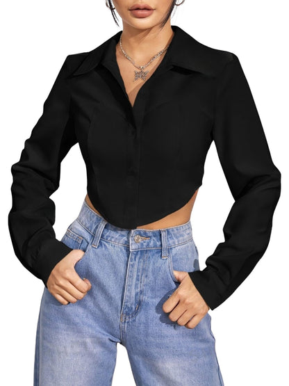 Greciilooks Shirt For Women | Printed Casual Crop Top | Long Sleeve Stylish Collared |Korean Oversized Button-Down |Causal |Form