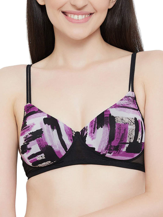 Clovia Womens Lightly Padded Non-Wired Printed T-Shirt Bra (BR1569M13_Black_38E)