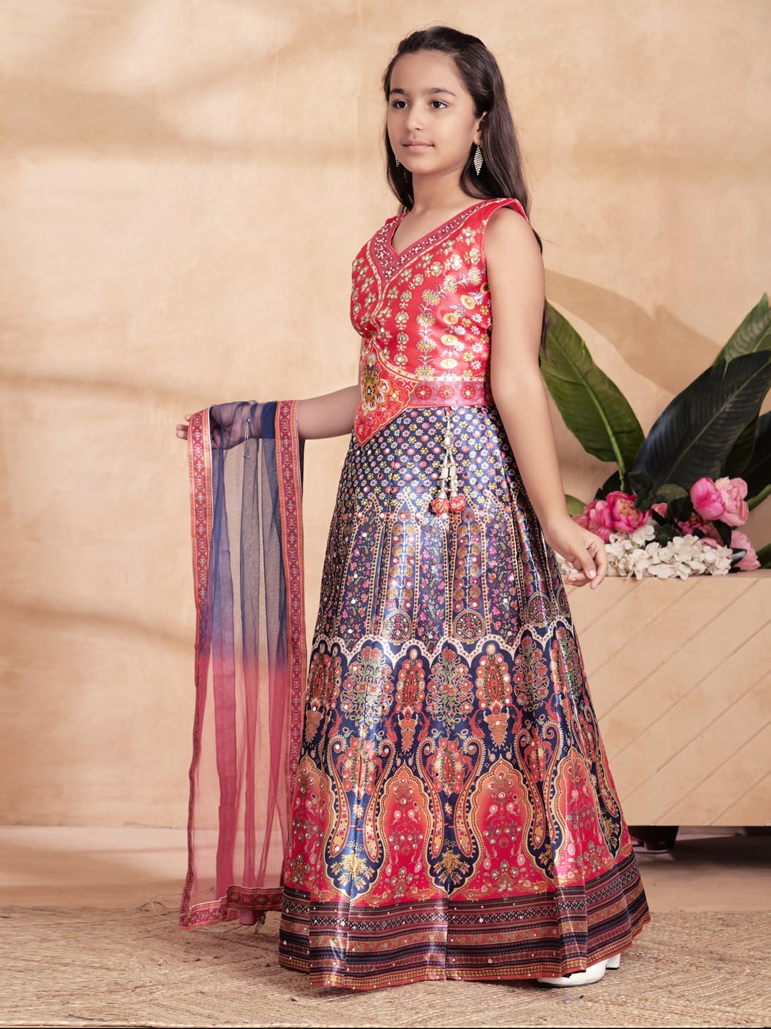 Aarika Girls Ethnic Wear Gajri Colour Floral Print/Embellished Lehenga Choli Set With Dupatta-(6 Months-13 Years)-(LCH-HT-2123-G