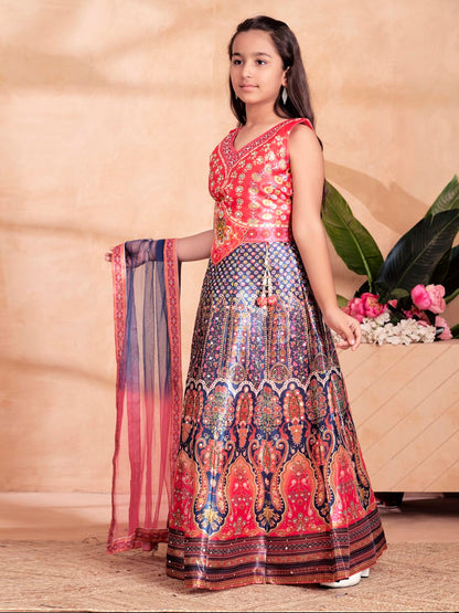 Aarika Girls Ethnic Wear Gajri Colour Floral Print/Embellished Lehenga Choli Set With Dupatta-(6 Months-13 Years)-(LCH-HT-2123-G
