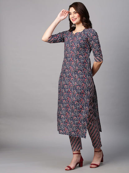 GoSriKi Women's Cotton Blend Traditional Straight Printed Kurta and Palazzo Set