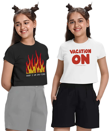 Kyda Kids 100% Cotton Crop Top For Girls - Printed Half Sleeve Stylish Tshirt, Regular Fit Tops For Girl - Pack Of 2