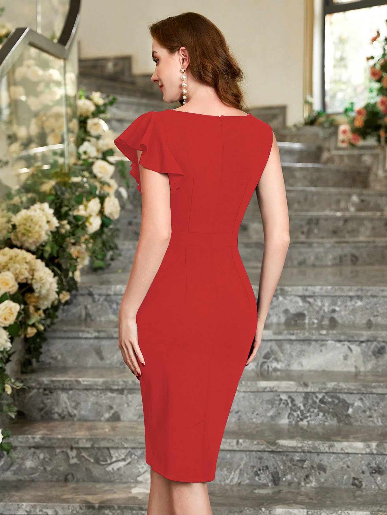 Shasmi GirlS & WomenS Asymmetrical Sleeve Ruffle Trim Cocktail Party Fitted One Piece Knee Length Midi Dress For Women Stylish