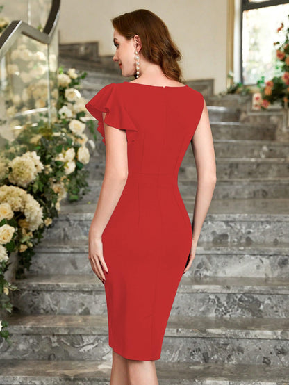 Shasmi GirlS & WomenS Asymmetrical Sleeve Ruffle Trim Cocktail Party Fitted One Piece Knee Length Midi Dress For Women Stylish