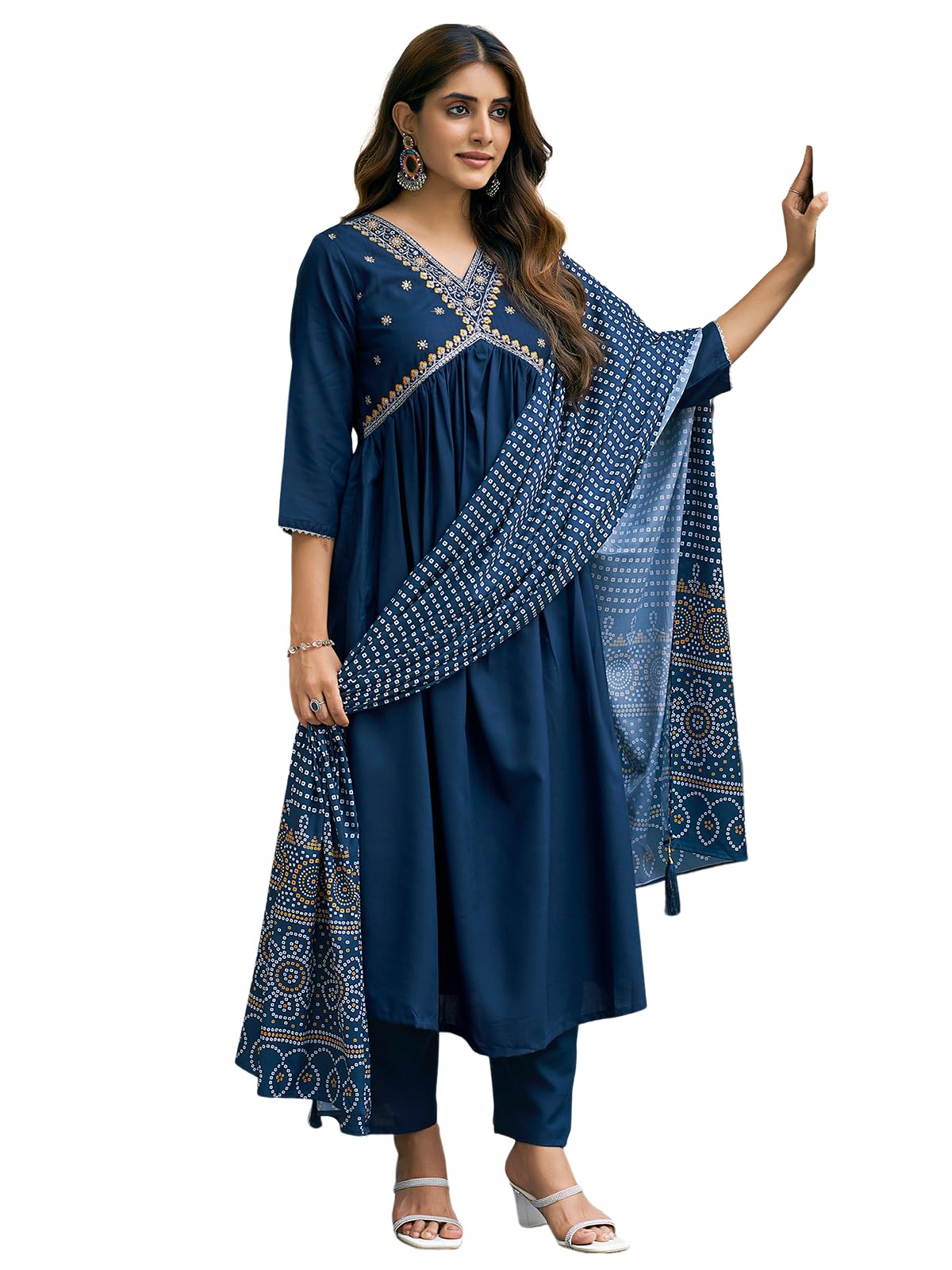 Sanisa Womens Cotton Blend Sequence Embroidery Gota Lace Alia Cut Kurta with Pant and Dupatta Set| Ethnic Set | Suit Set | Kurt