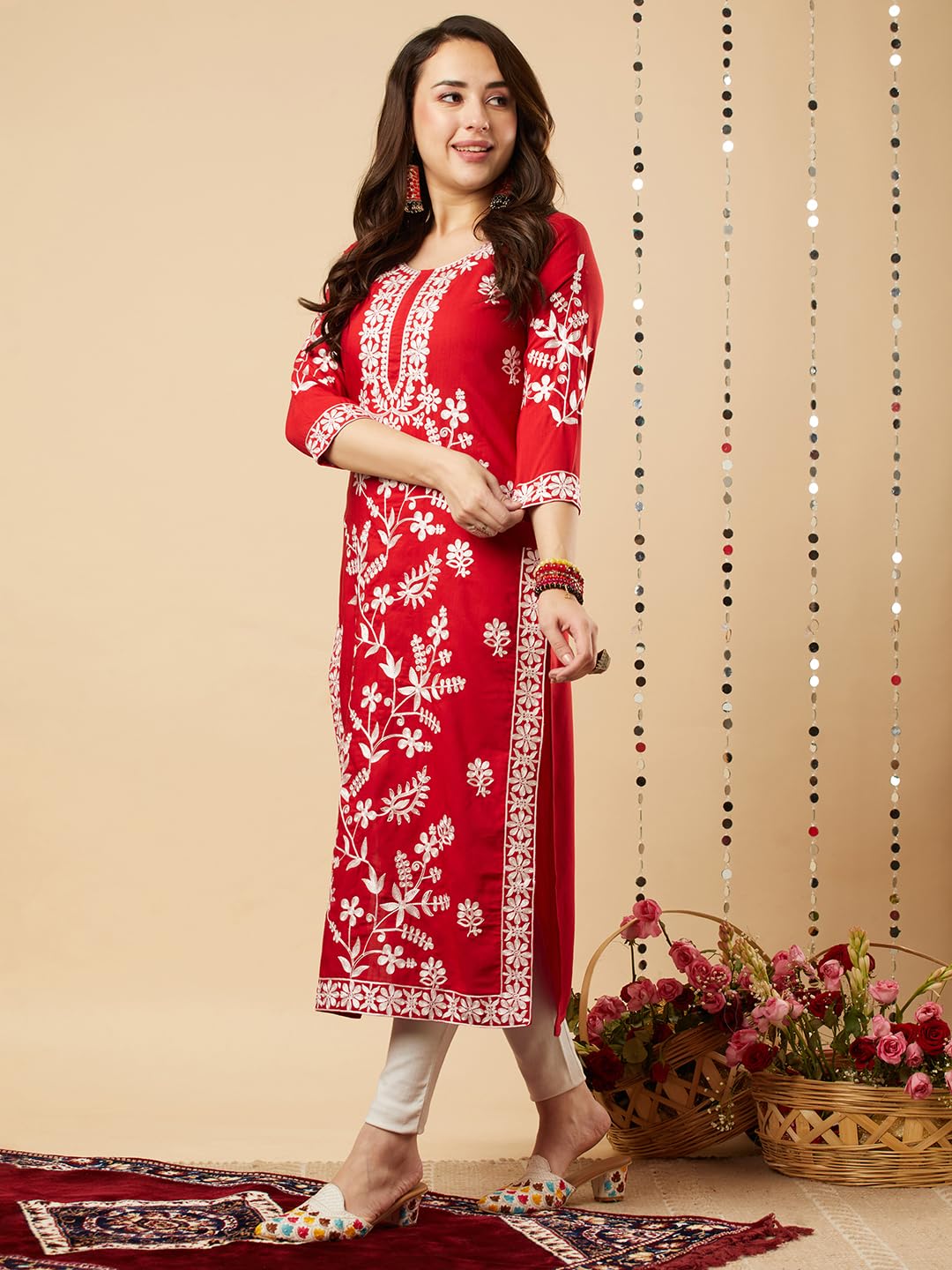 ANNI DESIGNER Women's Cotton Blend Chikankari Embroidered Straight Kurta