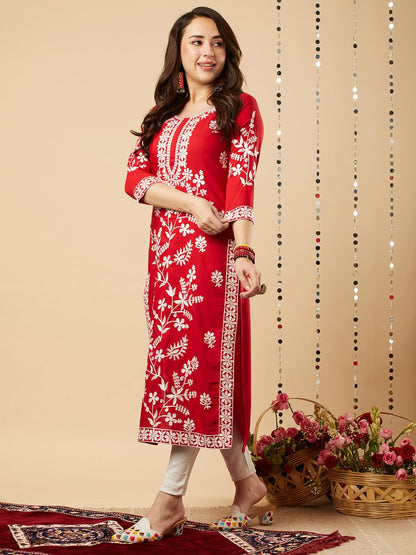ANNI DESIGNER Women's Cotton Blend Chikankari Embroidered Straight Kurta