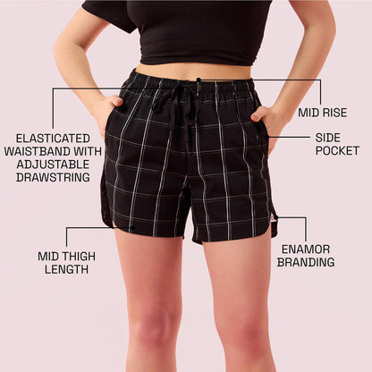 Enamor Womens Boxer Shorts (E7A1_Black / White Checks