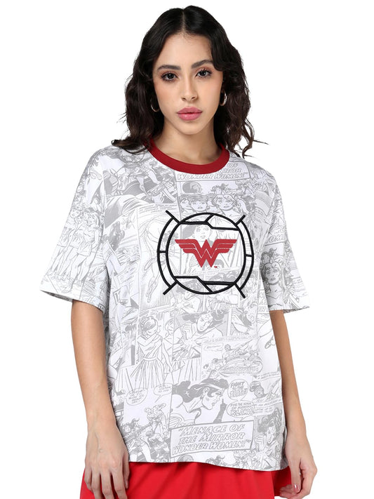 Bewakoof Official DC Merchandise Womens All Over Printed Oversized Fit Half Sleeve Round Neck 100% Cotton T-Shirt 1500786 White 