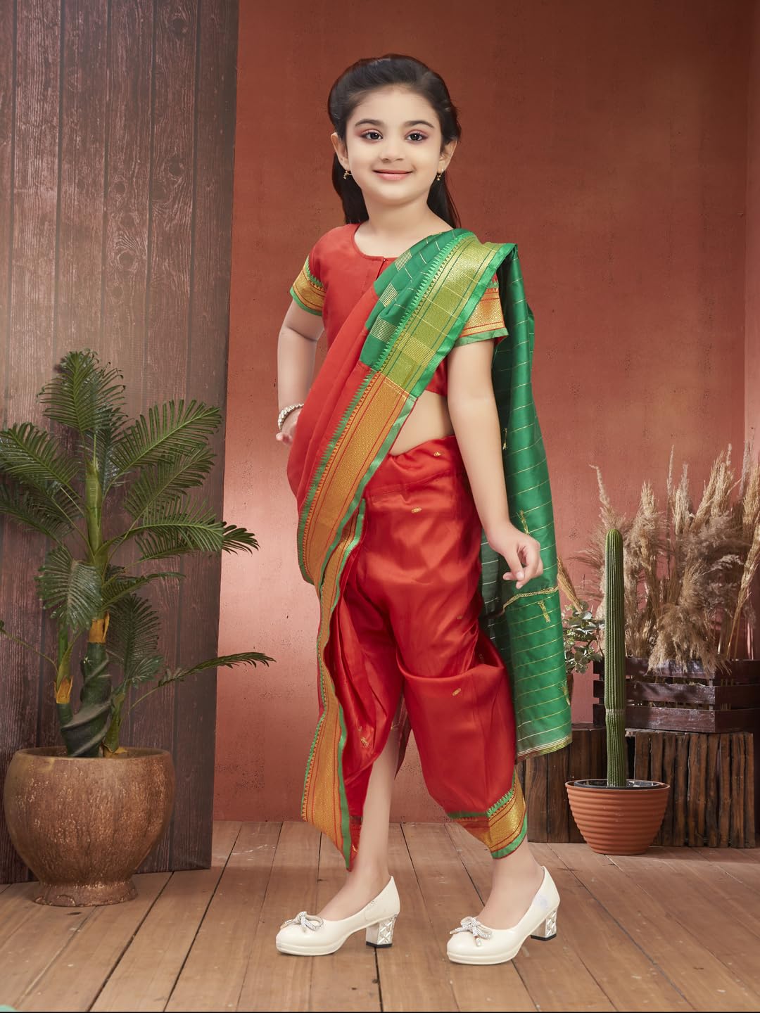 Aarika Girls Ethnic Wear Red Colour Shree Nav Silk Saree (4-9 Years)