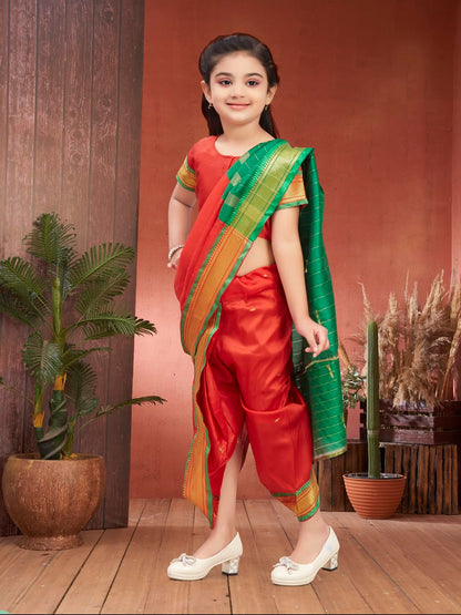 Aarika Girls Ethnic Wear Red Colour Shree Nav Silk Saree (4-9 Years)