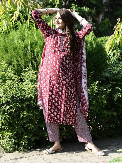 Pinkmint Salwar Suit For Women Cotton Flower Printed Kurta & Straight Pant With Dupatta
