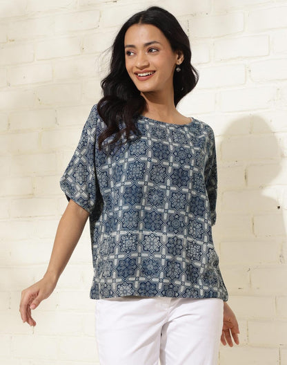 Fabindia WomenS Printed Regular Fit Tops (1037454Blue_Blue