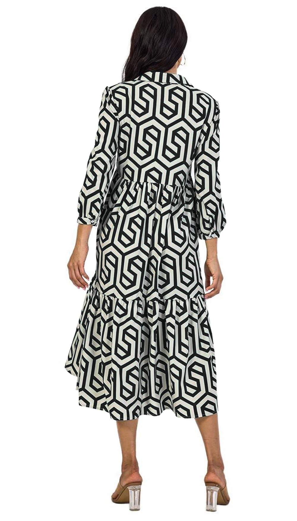 Shasmi Women & Girls Solid Black Geometric Print Collared Dress With Long Cuffed Sleeves, Panelled Hem And A Button-Up Front Gat