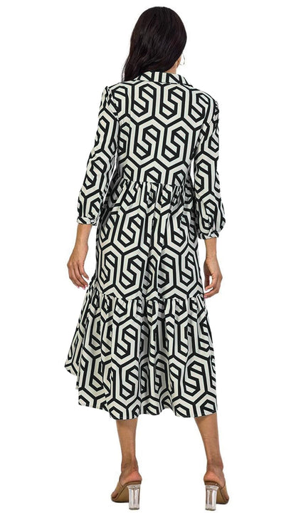 Shasmi Women & Girls Solid Black Geometric Print Collared Dress With Long Cuffed Sleeves, Panelled Hem And A Button-Up Front Gat