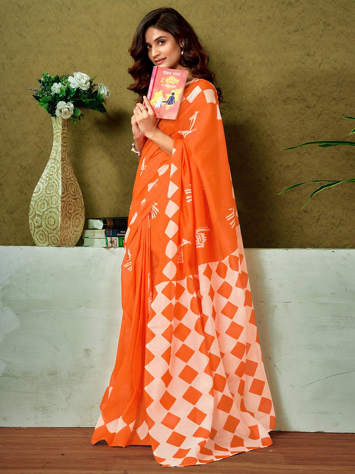Satrani WomenS Chanderi Cotton Printed Ready To Wear One Minute Pre Pleated Readymade Saree With Unstitched Blouse Piece (32Rs3