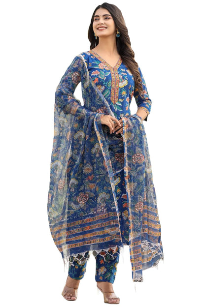 GoSriKi Women's Cotton Blend Printed Straight Kurta with Pant & Dupatta (JDP