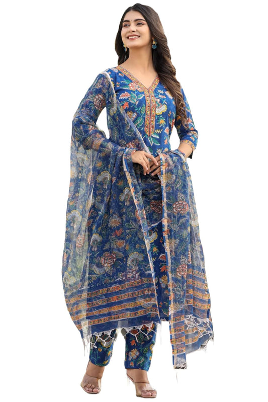 GoSriKi Women's Cotton Blend Printed Straight Kurta with Pant & Dupatta (JDP