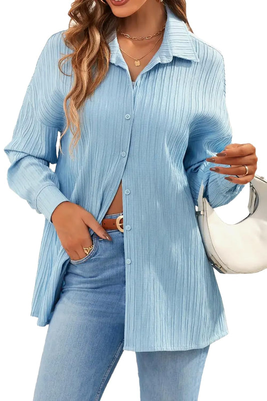 CB-COLEBROOK Womens Textured Loose Fit Button Down Shirt (WO-1035_Light Blue