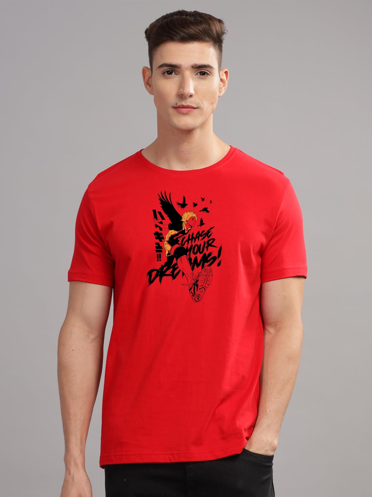 ADRO Mens Anime T Shirt - Premium Cotton Printed Haikyuu Tshirt - Perfect for Haikyuu Fans Print and Comfortable Fit Red T-Shirt