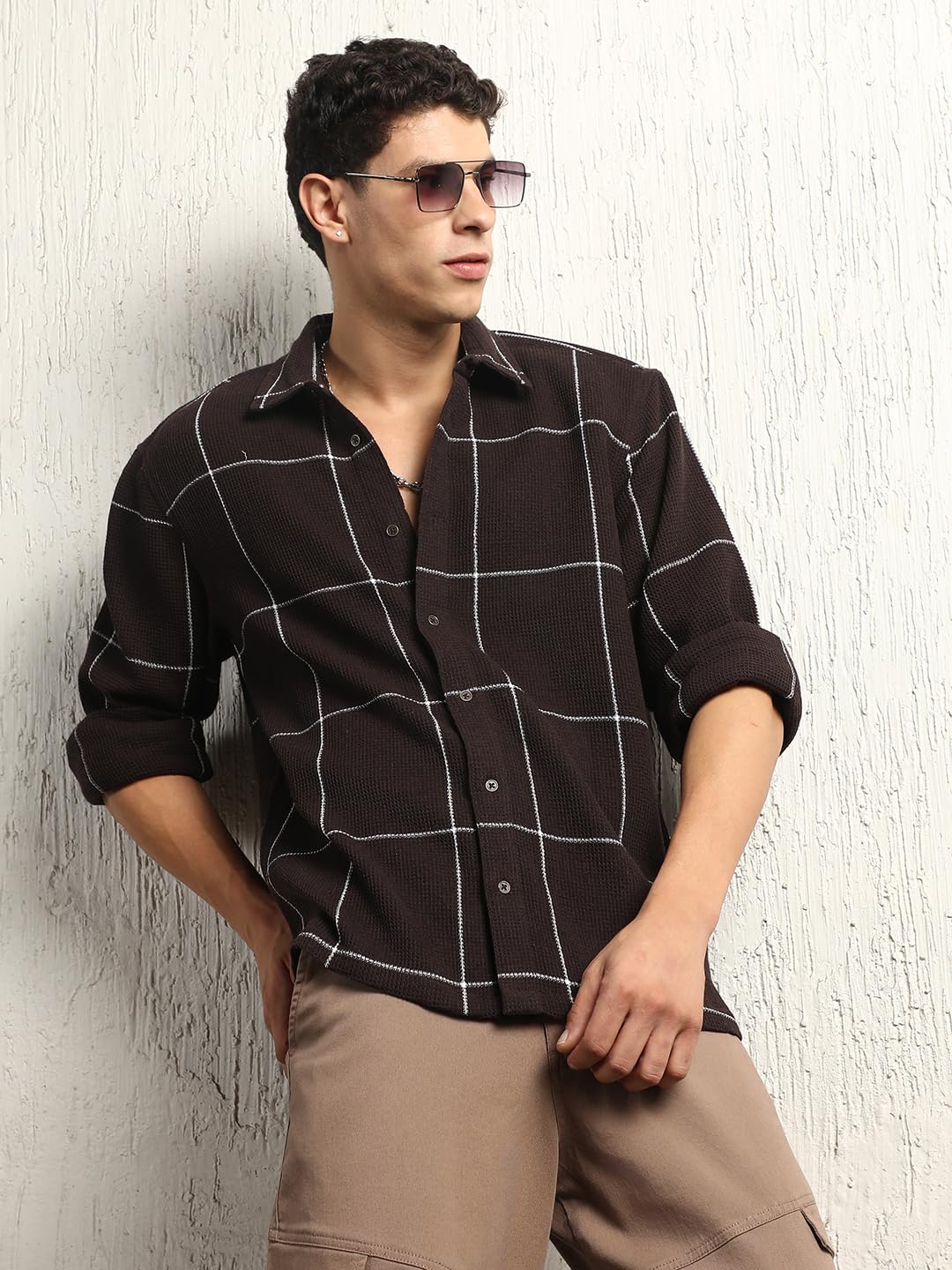 Hubberholme Men Summer Cotton Spread Collar Long Sleeves Oversized Casual Shirt 37 Brown