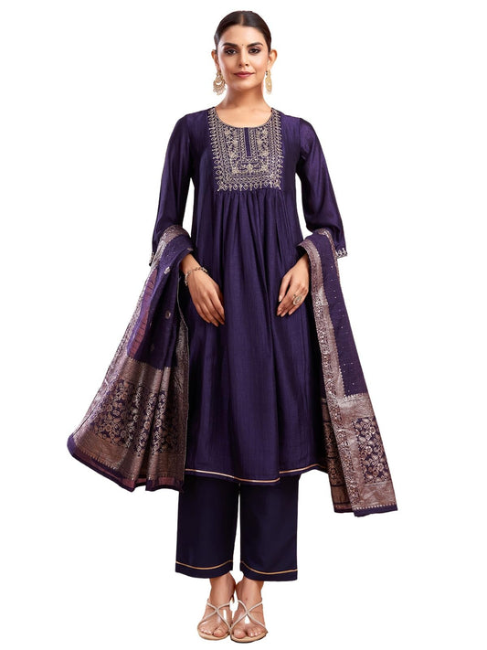 Sanisa Women's Silk Blend Sequins Embroidery Anarkali Kurta with Pant and Dupatta Set