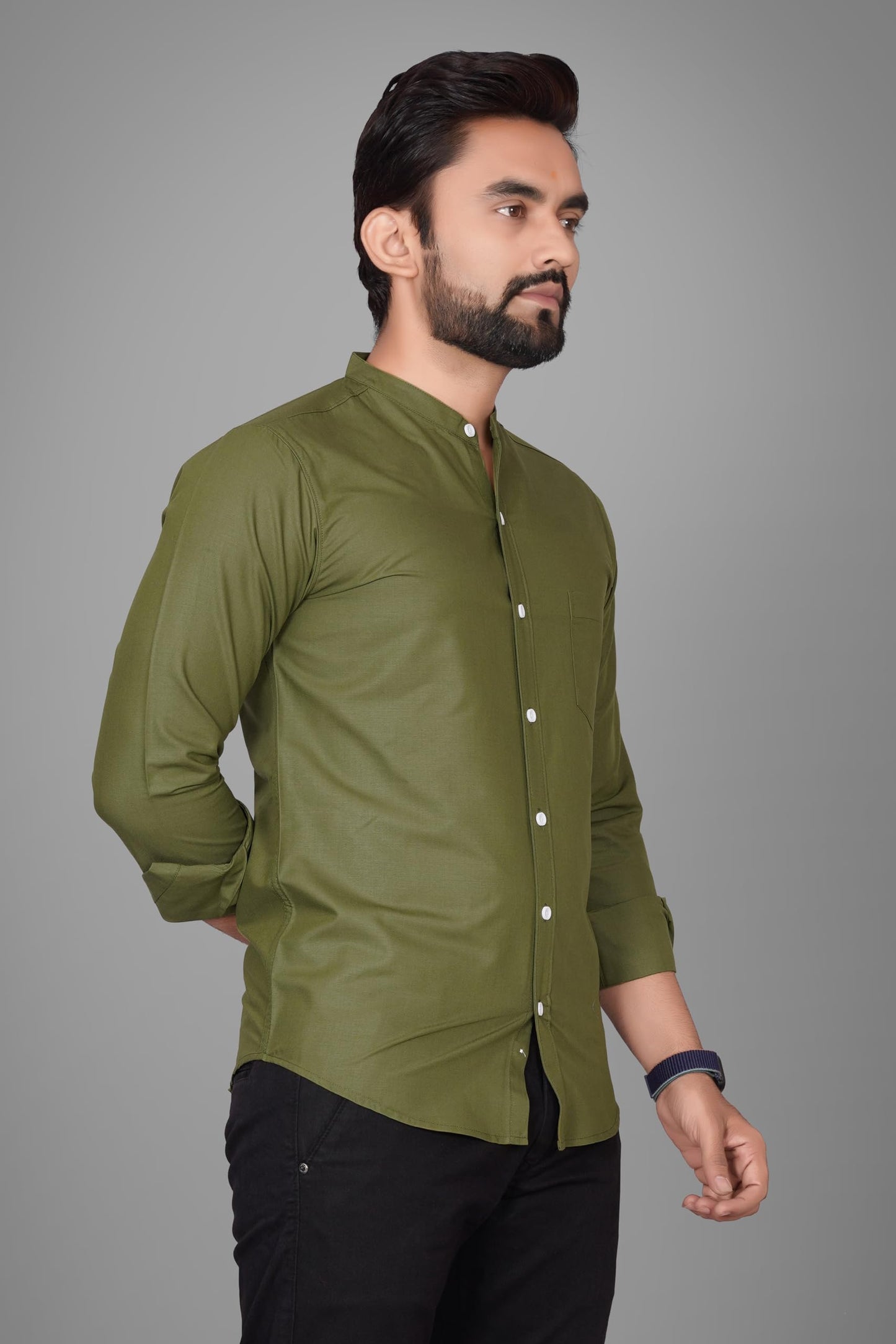 Besix MenS Cotton Solid Shirt With Mandarin Collared Full Sleeve Button Closure Curved Hem Straight Length And One Pocket | Mdr