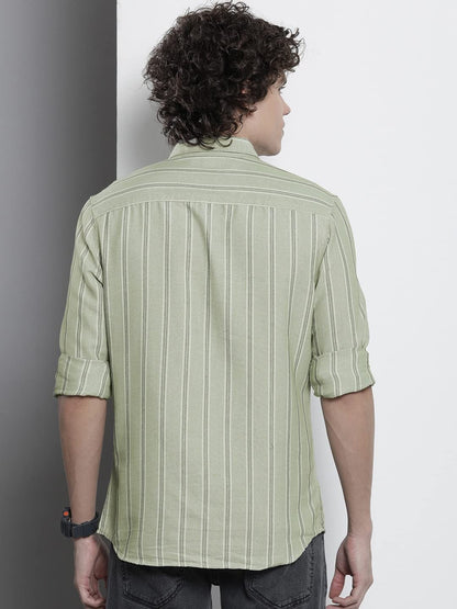 The Indian Garage Co Men Green Striped Slim Fit Cotton Casual Shirt